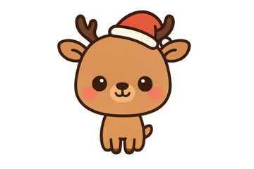 Reindeer cartoon character wearing santa hat. Cute animal illustration for christmas and winter holidays on transparent background
