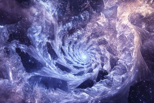 A magnificent cosmic ice tunnel, shimmering with crystalline structures and nebulae, spirals towards a brilliant core, creating an ethereal celestial journey through space.