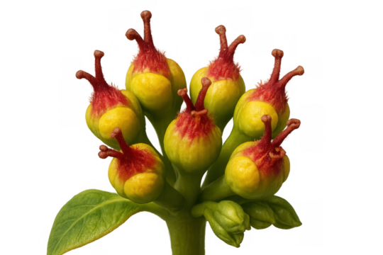 Spurge flower buds developing, displaying vibrant red and yellow colors, macro view on transparent background - Powered by Adobe