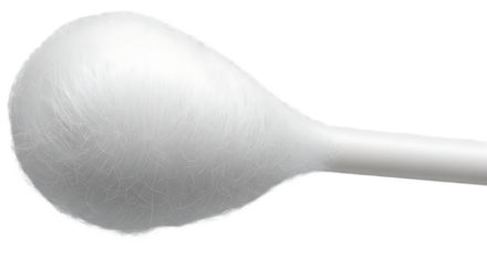 A close up shot of a single white cotton swab against a black background in a horizontal orientation