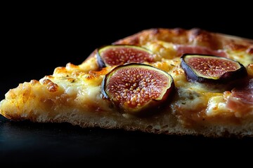 Delicious gourmet pizza slice featuring fresh figs, melted cheese, and prosciutto on a golden crust. A savory and sweet culinary delight.