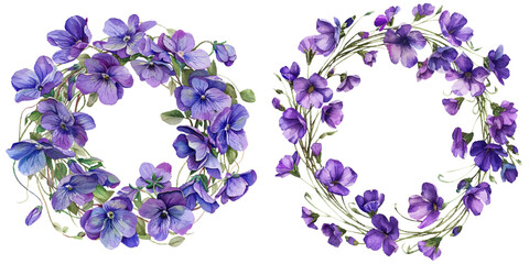violet flowers wreath watercolor vector illustration