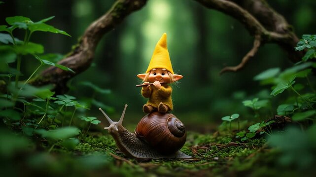 Small smiling gnome with playful mood riding on a large snail while playing a flute against a magical, mossy forest floor, capturing a whimsical fairy tale and fantasy adventure concept