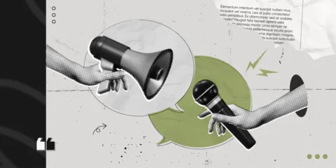 Fototapete Wohnzimmer Trendy Halftone Collage Hand holding Megaphone and microphone for media interview and news. Speech bubble messages. Journalist and reporter. Broadcast recording. Vintage retro vector illustration art  © accogliente