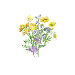 Watercolor bouquet with flowers and insects on a white background. Suitable for postcards, invitations, and labels.