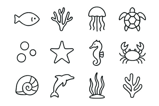 Minimal fish icon coral simple seahorse marine vector icons abstract luminous thin