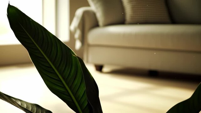 Woman stretching at home, fostering a peaceful morning wellness routine in a sunlit living room with natural light and a calming houseplant.