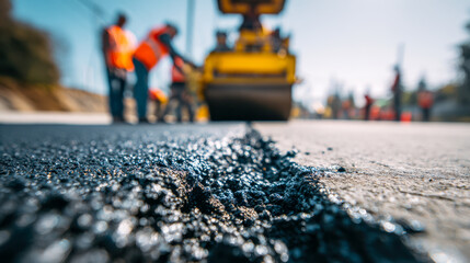 Road construction close-up showing fresh asphalt being laid and compacted by machinery with workers in safety vests overseeing the process under clear daylight condi