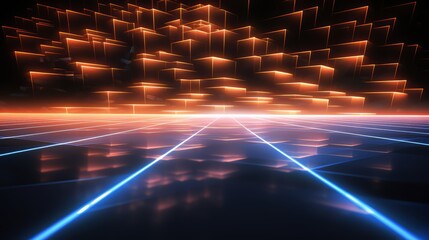 Fototapeta premium Futuristic cityscape with a blue sky and orange and blue lights. The city is filled with tall buildings and bright lights, creating a vibrant and energetic atmosphere