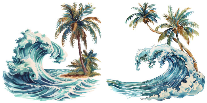 wave and palm tree watercolor vector illustration