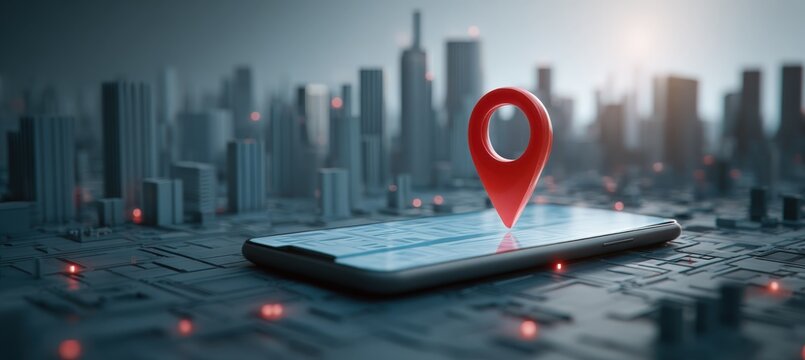 Augmented Reality Location Pin Above Smartphone in Futuristic Urban Setting