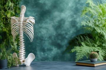 A detailed view of a human spine model on a table surrounded by plants in a serene environment