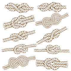 Rope for mountaineering, sea rope, knots and loops. Vector drawing of different rope elements. On a transparent background.