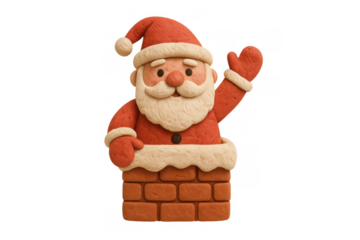 Santa claus claymation character emerging from chimney, waving hand, celebrating christmas holiday