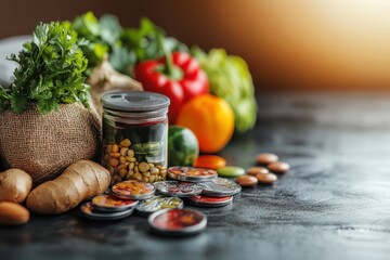 Fresh vegetables and spices arranged with jars and burlap bags on a wooden surface in natural light