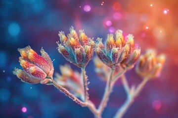 Magical frosted flower buds shimmer with vibrant rainbow hues and sparkling lights against a dreamy bokeh background.
