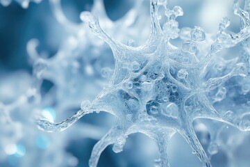 A stunning microscopic view of an intricate, translucent blue cellular or ice-like structure with delicate branching forms and embedded droplets, evoking biological networks.