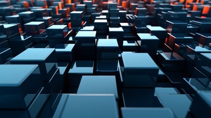 Obraz premium Close up of a blue and orange cube pattern. The blue and orange cubes are arranged in a grid, with the blue cubes being larger and the orange cubes being smaller. The image has a futuristic