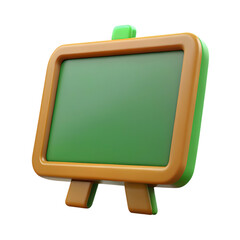 A 3d render of a green chalkboard with a brown frame isolated on transparent background