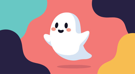 Cute cartoon ghost floating happily against a colorful abstract background.