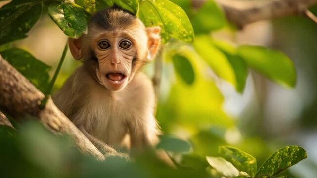 This captivating close-up features a young primate with an exceptionally expressive face, peering directly at the viewer from its natural perch on a tree branch. Its wide, dark eyes convey a distinct 