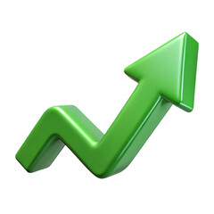 A 3d render of a green upward trending arrow isolated on transparent background