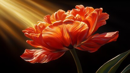 Close up of a red flower with the sun shining on it. The flower is the main focus of the image, and the sunlight highlights its beauty