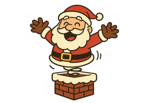 Santa claus cartoon popping out of a chimney jack-in-the-box, expressing joy and surprise for christmas holiday