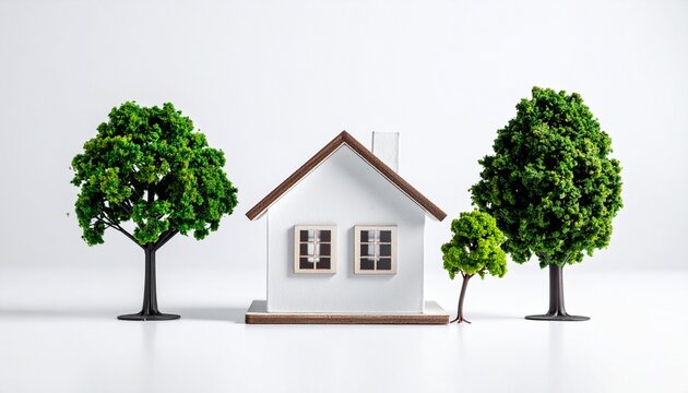 Minimalist model of a white house with pitched roof and chimney, placed on a rectangular green base resembling grass
