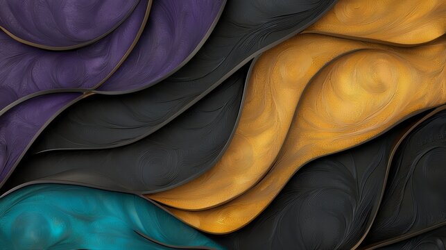 Colorful abstract painting with a black and yellow stripe. The colors are vibrant and the lines are wavy. The painting has a sense of movement and energy - Powered by Adobe