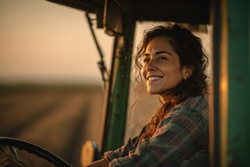 Latina Farmer Driving Tractor at Golden Hour with Joyful Energy