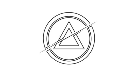 A minimalist black and white line drawing of a geometric symbol with a triangle inside a circle.