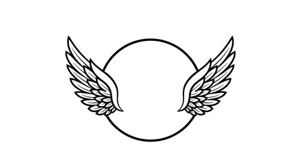 A black and white graphic illustration of a circular frame with two feathered wings.