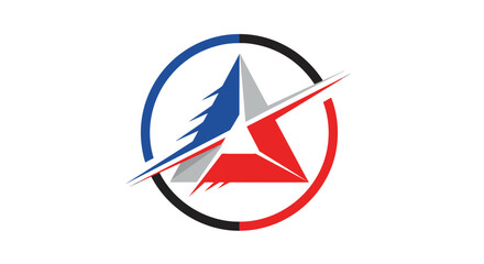 A detailed logo featuring a stylized star with a blue, white, and red color scheme, encircled by a ring.