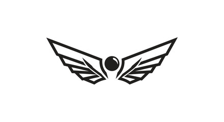 Minimalist black winged emblem with a central sphere, isolated on a white background.