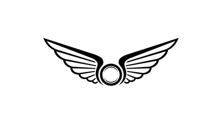 Black and white illustration of stylized wings with a circular emblem in the center, symmetrical design.
