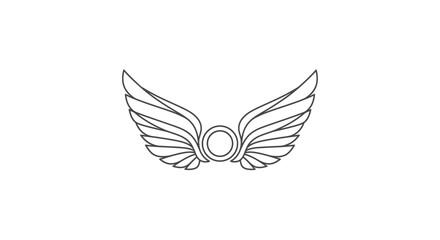 A minimalist line art illustration of a pair of stylized wings with a circular emblem in the center.