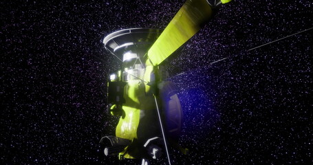 Cassini spacecraft orbits Saturn, gathering data and images of the planet, its rings, and moons. This mission provides insights into the dynamics of the Saturn system and its composition. © icetray