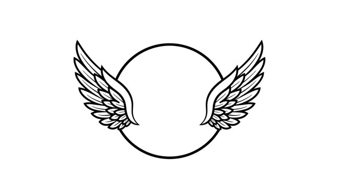 A black and white graphic illustration of a circular frame with two feathered wings.
