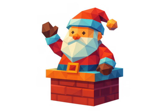 Santa claus coming down a brick chimney, waving hand, holiday character illustration showing christmas and winter season