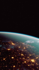 The Earth glows under city lights as seen from orbit at night.