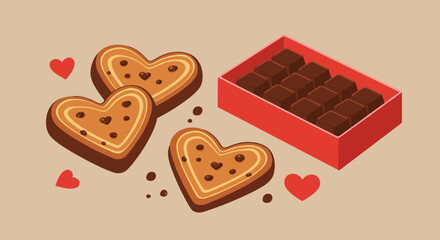 Isometric set of heart shaped cookies and chocolate box for Valentine's Day gift or bakery promotion