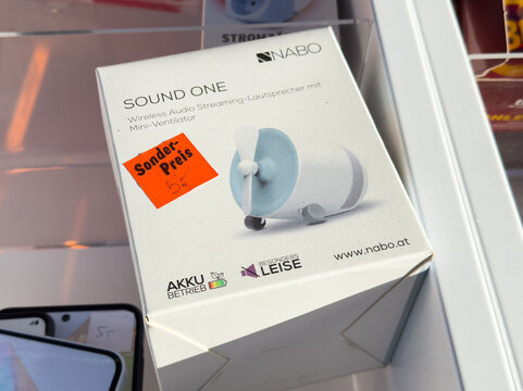 Villach, Austria - October 29, 2025: Nabo Sound One wireless audio streaming speaker with mini fan design showcased in a retail display, highlighting modern technology and innovative features