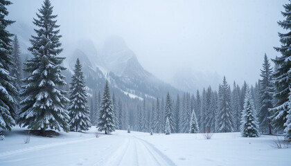 Serene winter landscape with snowy forest for travel advertising and nature themed web design