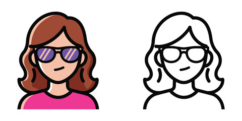 Cartoon woman with brown hair wearing sunglasses and a pink shirt illustration icon