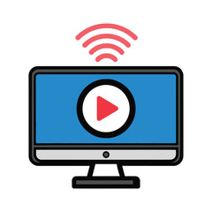Flat design computer monitor with red play button and wifi signal screen video
