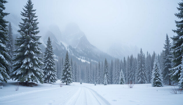 Serene winter landscape with snowy forest for travel advertising and nature themed web design