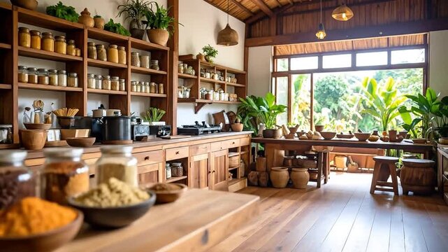 Rustic Kitchen with Spices and Ingredients Displayed Beautifully