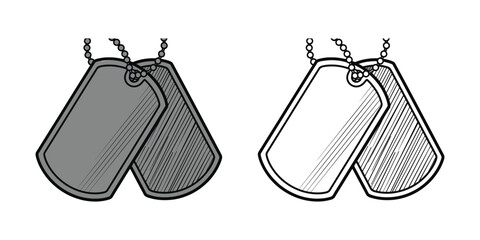 Two dog tags on chains one gray one outlined with hatching military identification