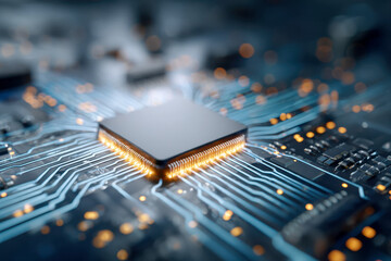 High-tech microchip with glowing circuitry and intricate electronic components on a futuristic printed circuit board illustrating modern digital technology and innovation